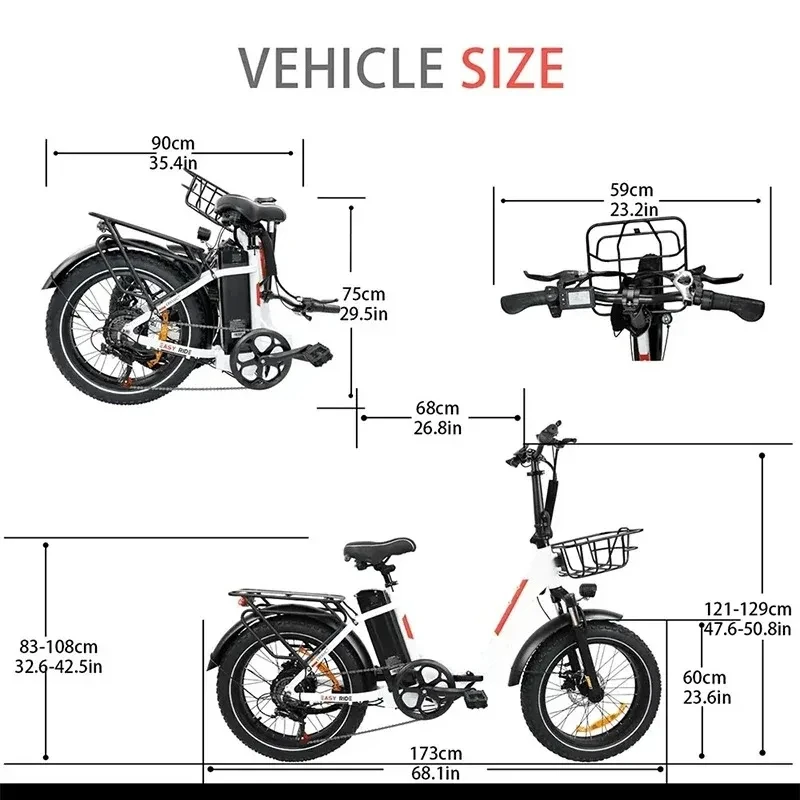 Alumínio dobrável bicicleta elétrica, 800W, 20x4.0 Polegada Fat pneu, praia e neve Ebike, 48V, 16Ah bateria de lítio, novo