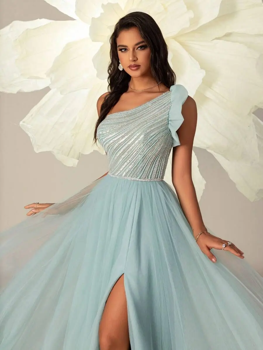 Sexy Mesh One-Shoulder Beaded Elegant High-Waisted Prom Dress Long Gown Evening Dress 2024 A-Line Sleeveless Party Gown vestidos