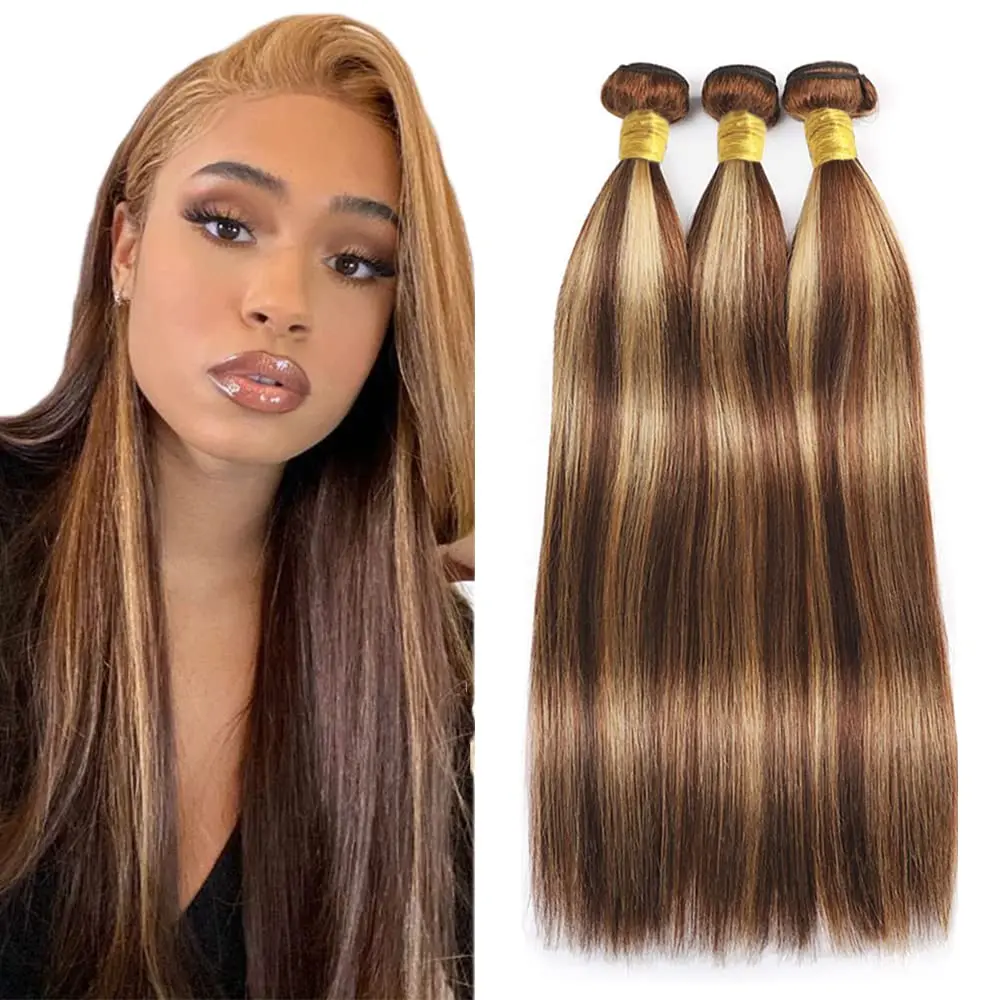 Mèches Brésiliennes Remy Lisses Blond Miel P4/27, Double Trame, 3 Lots