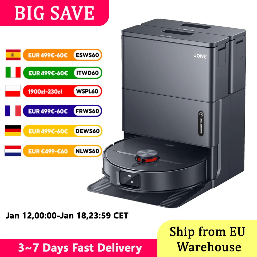 JONR Robot Aspirapolvere 20000Pa Ultra Aspirazione con Funzione di Pulizia, Spazio Ostacolo 30 mm, Evitamento Ostacoli AI e 360 °   Navigazione