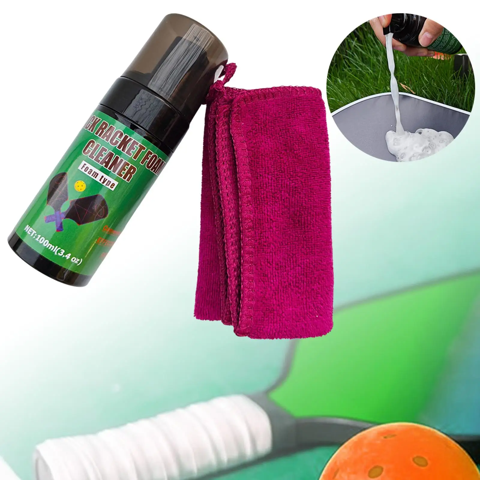 

100 мл очиститель для ракеток Pickleball, удаление грязи, пот, универсальный спрей для чистки лопаток Pickleball с чистой тканевой губкой