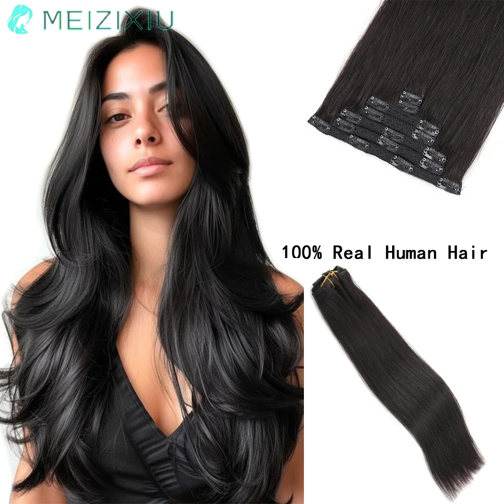 

Natural Black Clip In Hair Extensions Remy Real Hair Straight Double Weft Clip-On HairPiece Clip In Human Hair for Women 7PCS