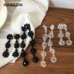 HangZhi 2020 New Korean Black White Transparent Crystal Flower Beaded Tassel Long Drop Earrings for Women Girls Party Jewelry