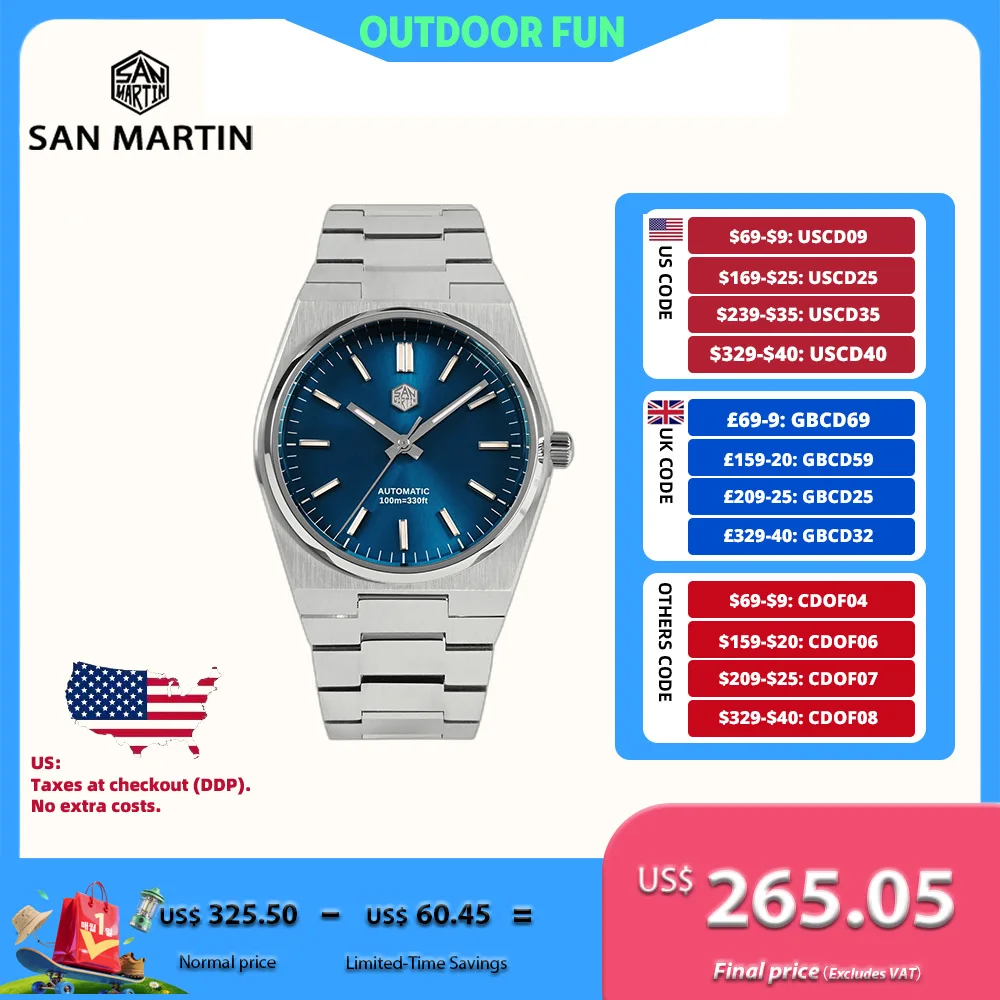 

San Martin 40 мм Miyota 9015 Механические часы Водонепроницаемые наручные часы для мужчин Роскошные BGW-9 Светящиеся водонепроницаемые 10 бар SN0023