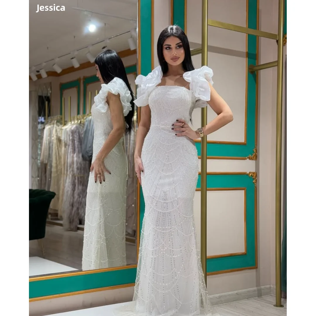 

Джессика Вечерние платья для женщин Вечерние платья из тюля и бусин Пром платья Slim Fit с пышными рукавами VestidosDe GalaCustomized