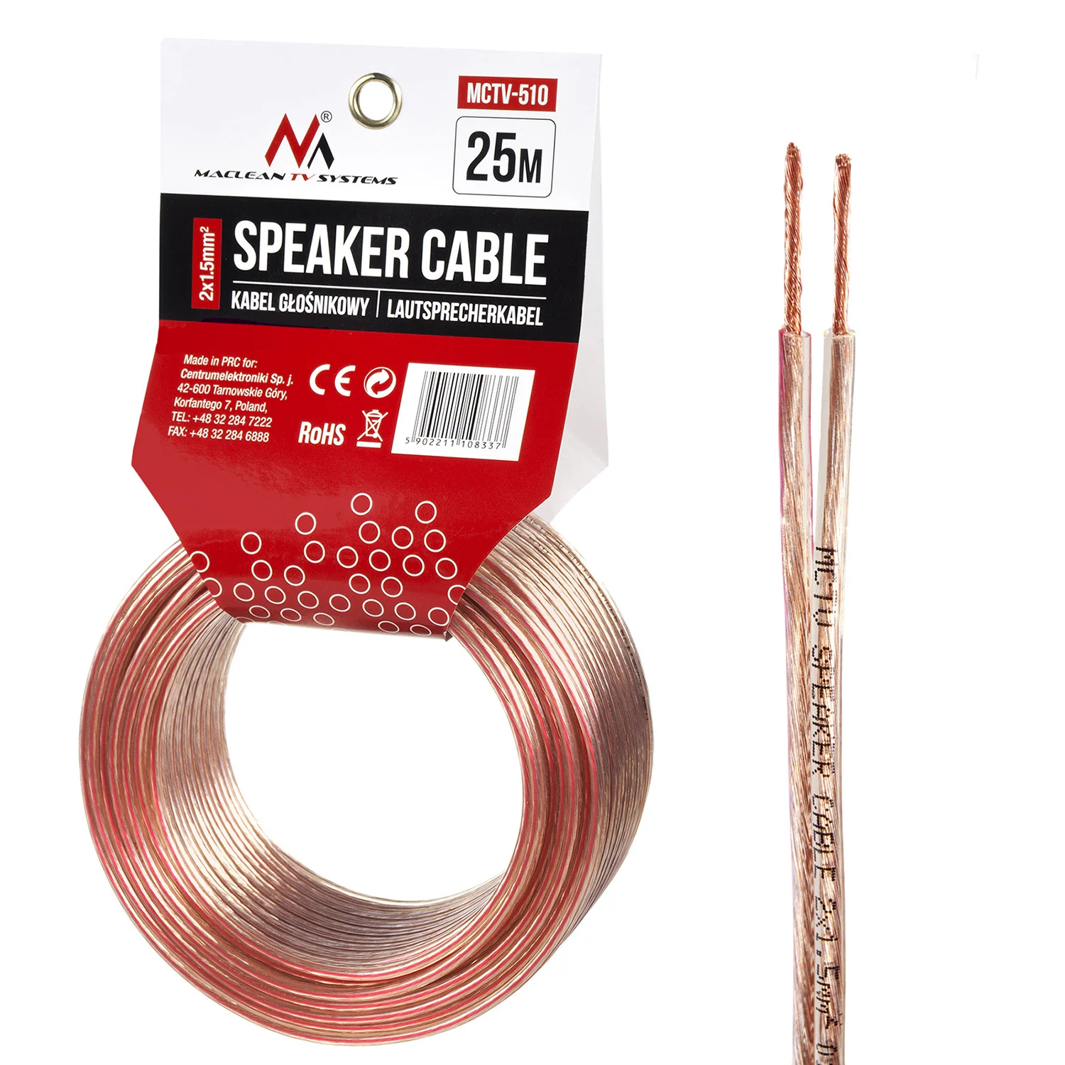 Câble de haut-parleur Maclean MCTV-510 2*1.5mm2/48*0.20CCA 3.5*7.0mm