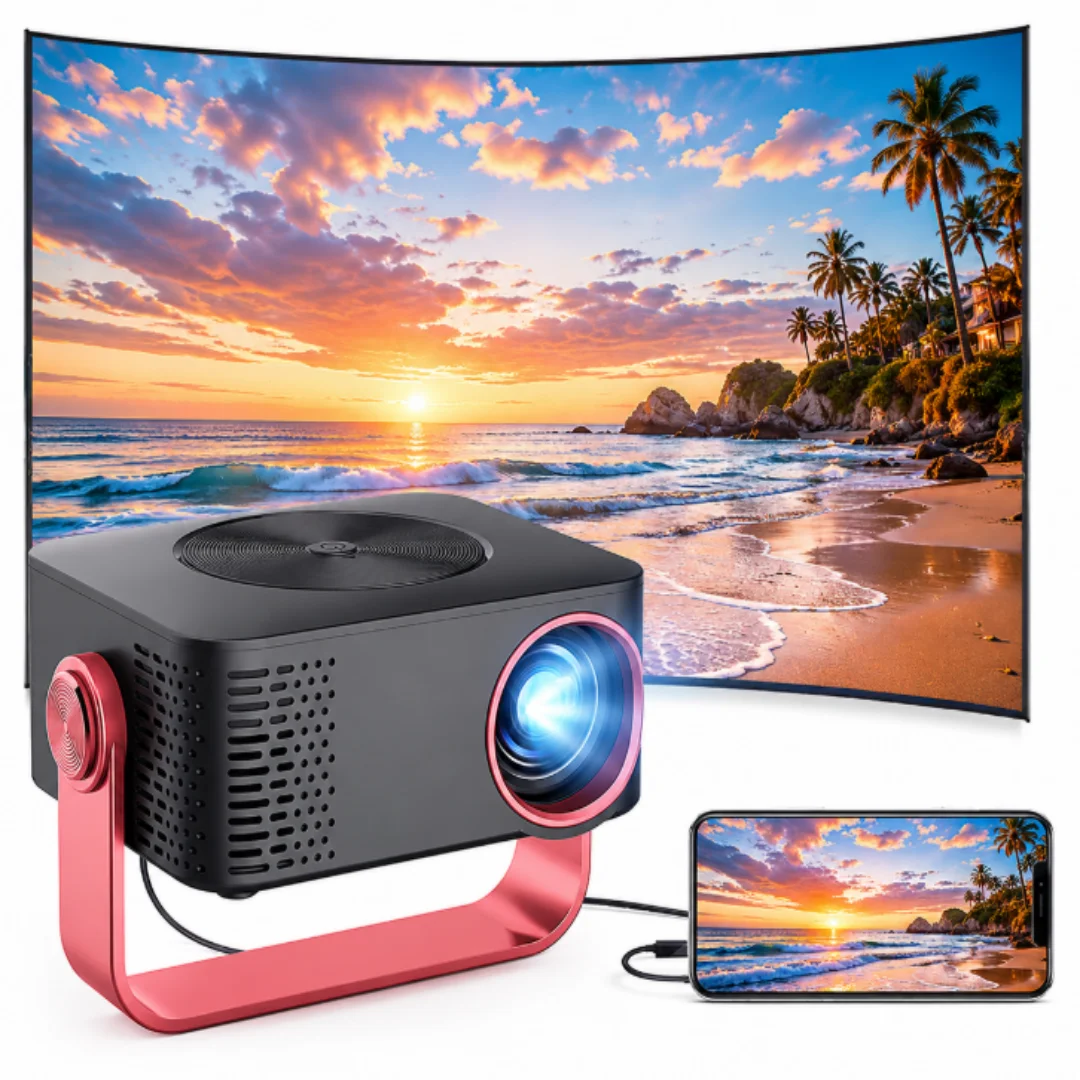 Tragbarer Mini Beamer 1080P Decoding Smartphone Spiegelung Heimkino Projektor Lautsprecher Verstellbarer Ständer