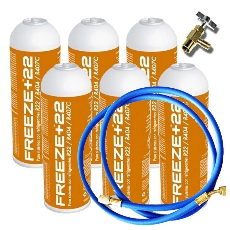 6 bottles Eco-gas refrigerant Freeze + 22 400Gr + valve + organic hose substitute R22, R404, R407C