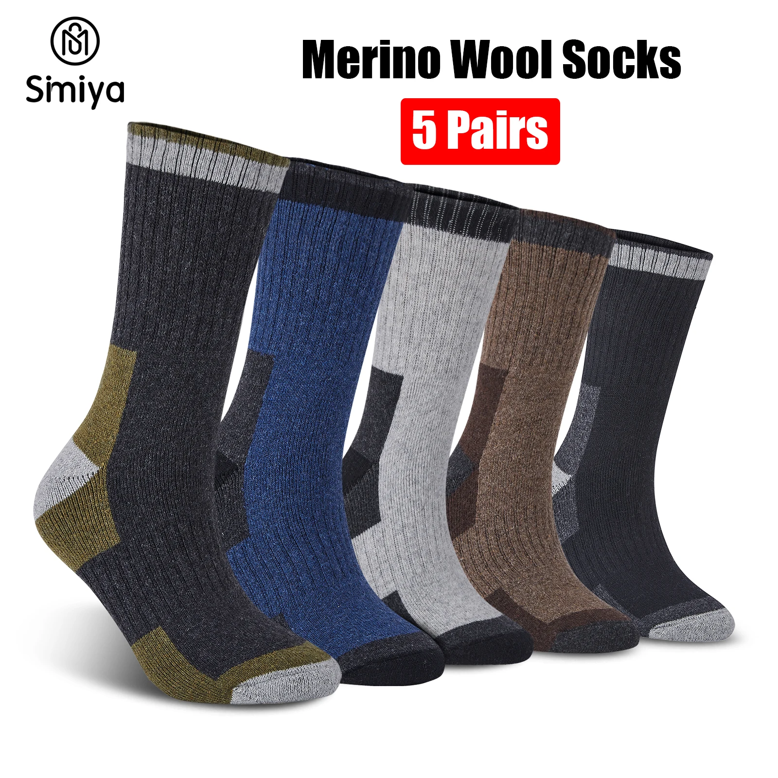 

SIMIYA 5 Pairs Merino Wool Socks for Men Hiking Socks Winter Wool Warm Socks Breathable Crew Thermal Socks Against Cold(US 7-13)