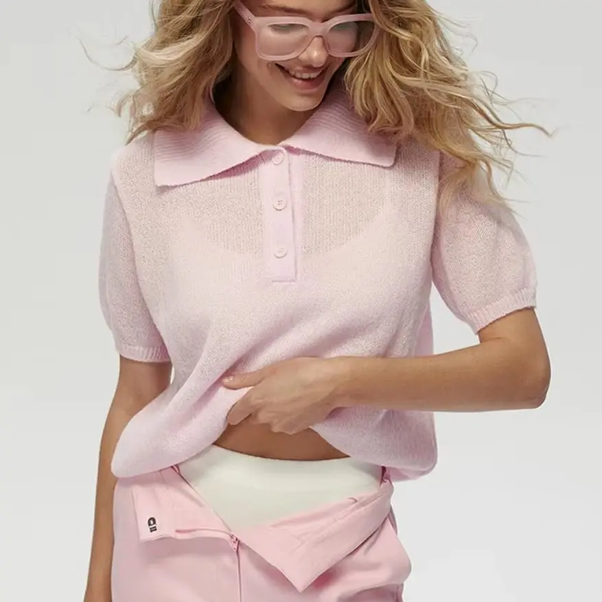 

Новый летний вязаный свитер с короткими рукавами и воротником-поло, женская футболка с объемными рукавами, женская простая однотонная повседневная трикотажная одежда