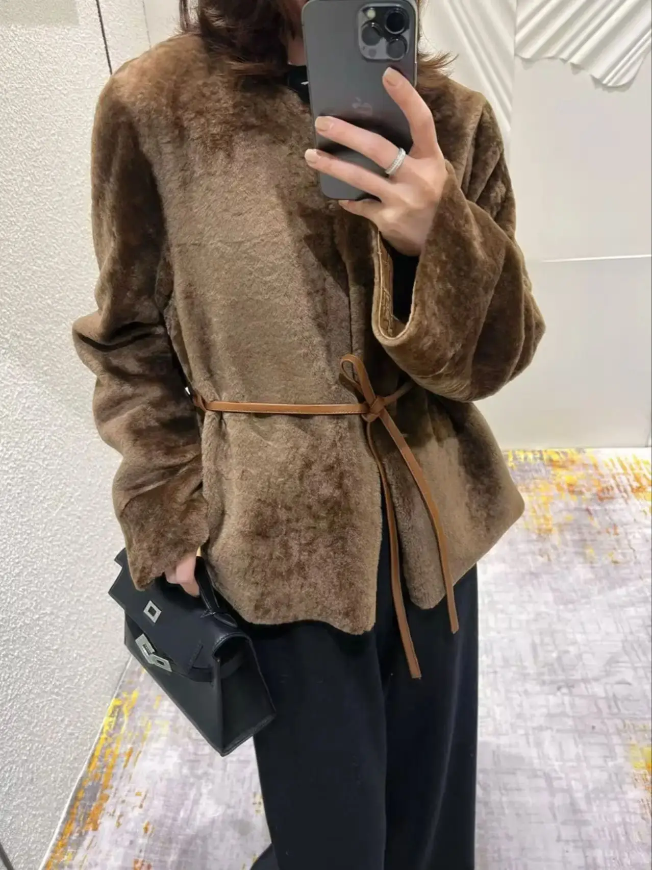 Women's winter solid color round neck Spanish imported lamb coat