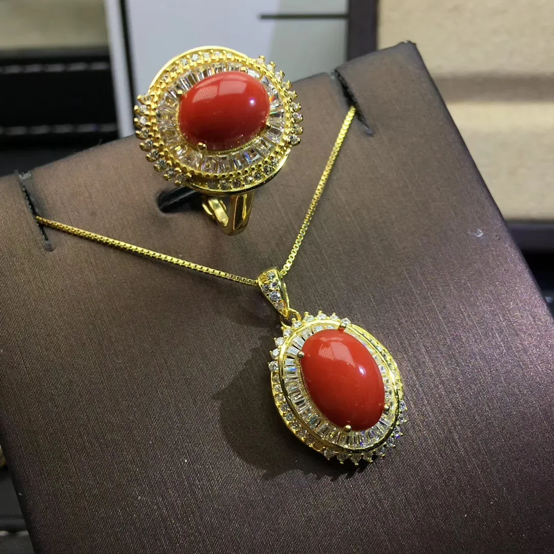 Girls' Natural Red Coral 8x12mm Large Gemstone Necklace Pendant Ring 3-Piece Set 925 Pure Silver Plated Gold Gift for Girlfriend