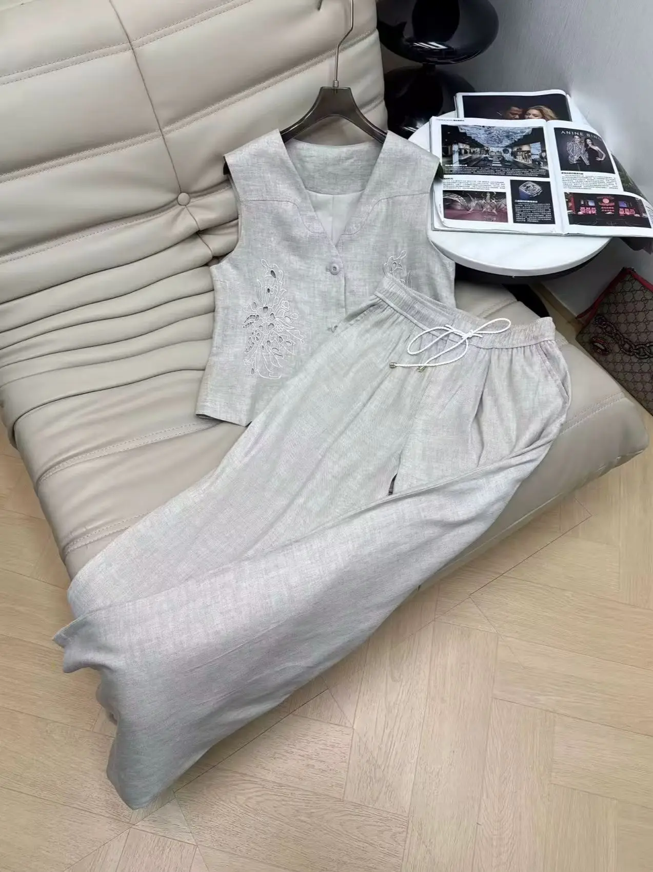 Elegant linen embroidered sleeveless vest and elastic waist wide leg trouser suit view 4