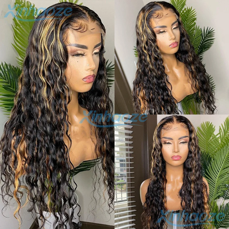 Black Blonde Deep Water Wavy Highlight #1b/27 Human Hair 5x5 Silk Top Closure Wigs Pre Plucked Brazilian 13x4/360 Full Lace Wigs