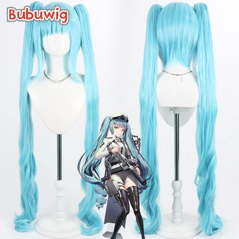 Bubuwig, peluca de pelo sintético para cosplay, modelo Nikke, la Diosa de la Victoria, 120 cm, larga, ondulada, de color azul claro, con coleta, resistente al calor.