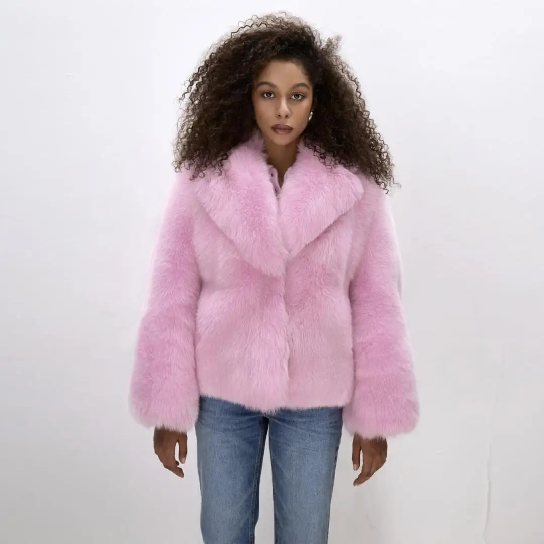 Light Pink Natural Fox Fur Jacket with Turn-down Collar Higt Street Woman Genuine Fox Fur Coat Wholeskin Fur Overcoats Luxury