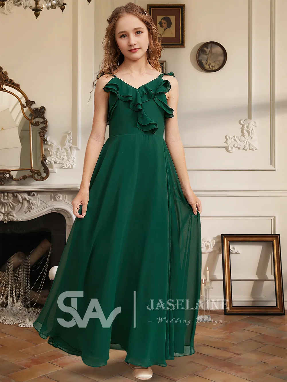 Elegante vestido de dama de honor junior de gasa hasta el suelo con cuello en V, vestido de niña de flores, fiesta para niñas, ocasión especial, boda Formal