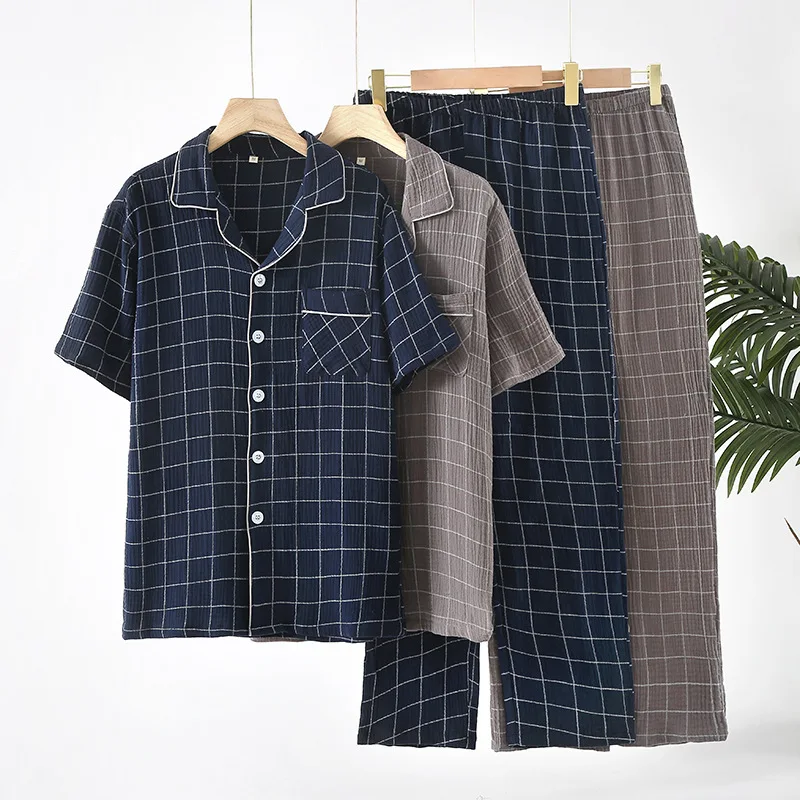 

2024 Summer New Men's Short Sleeve Long Pants Pajama Set 100% Cotton Yarn-dyed Pajama Two Piece Checkered Large Homewear Sets