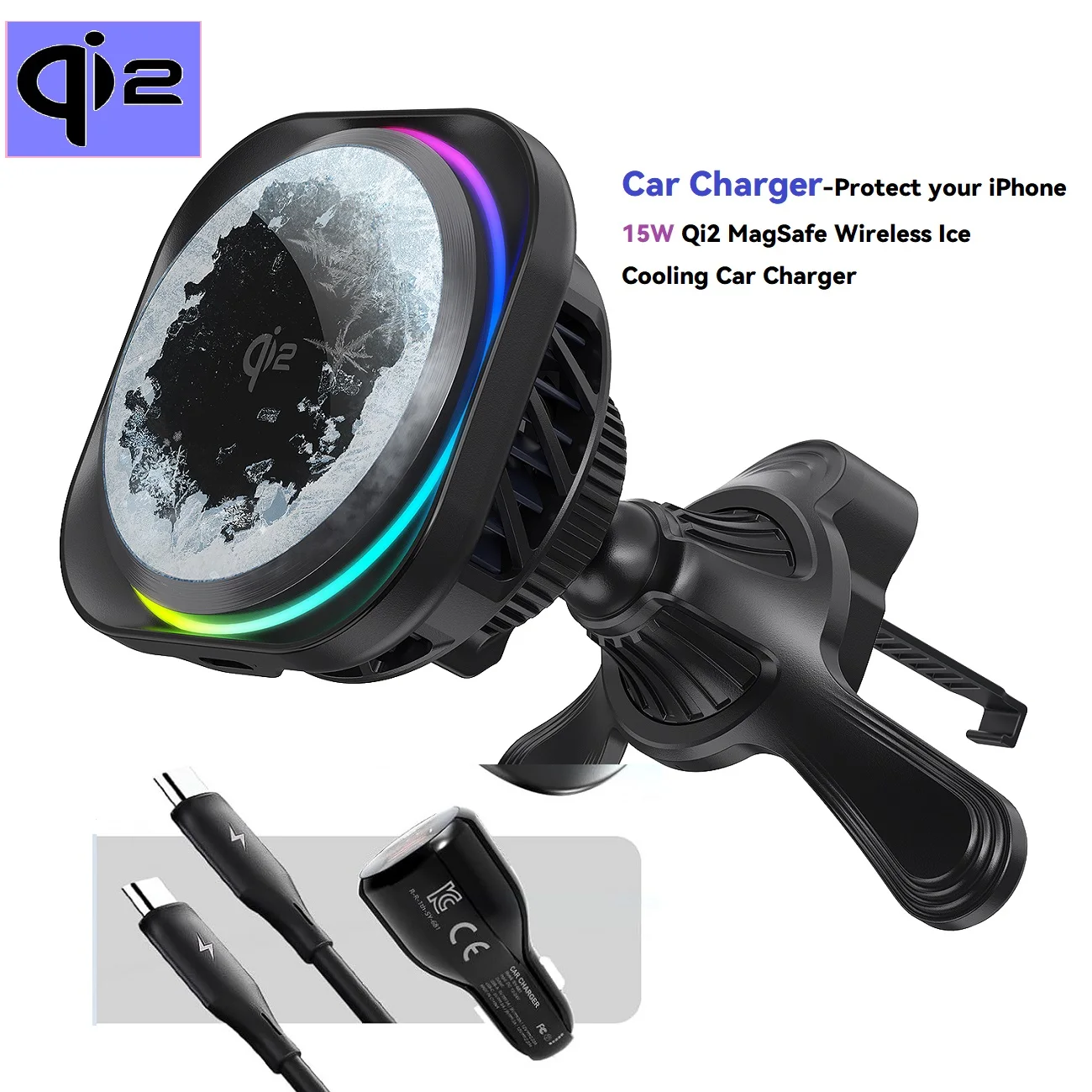 Qi2 15W Wireless Car Charger, MagCold Cooling, Semiconductor Active Cooling, 360° Adjustable, Ring Magnetic Mount, AC Vent Hook