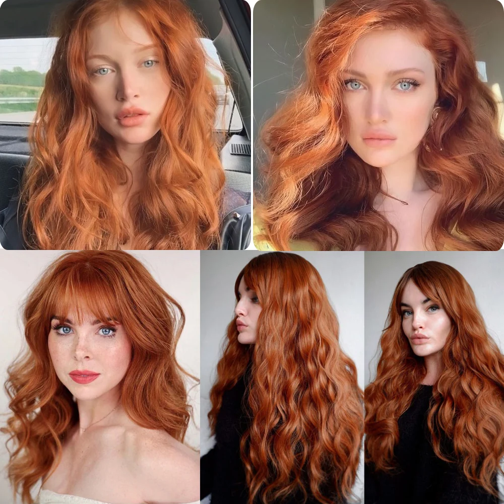 Copper Wigs Ginger Red Brown Long Fluffy Wavy Synthetic Wigs with Bangs Cosplay Hair Wig for Women Daily Natural Heat Resistant