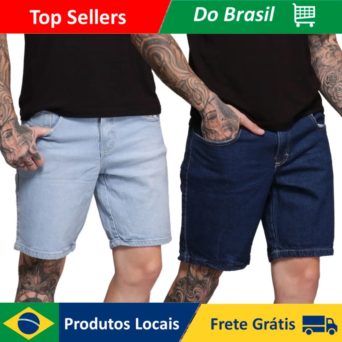 Kit 2 Bermudas Jeans Masculina Algodão Lavagem Clara + Média