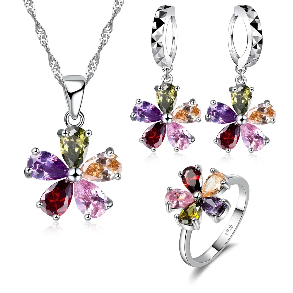 Anhänger Halskette Creolen Ring Schmuckset 925er Sterlingsilber Farbe Österreichischer bunter Kristall Liebhaber Geschenk zum Jahrestag