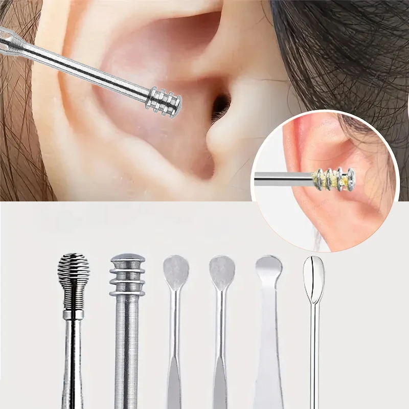 

A Set of 6 Ear Cleaning Tools - Spiral and Cylindrical Design, Portable Hook Earwax Removal Sticks Set