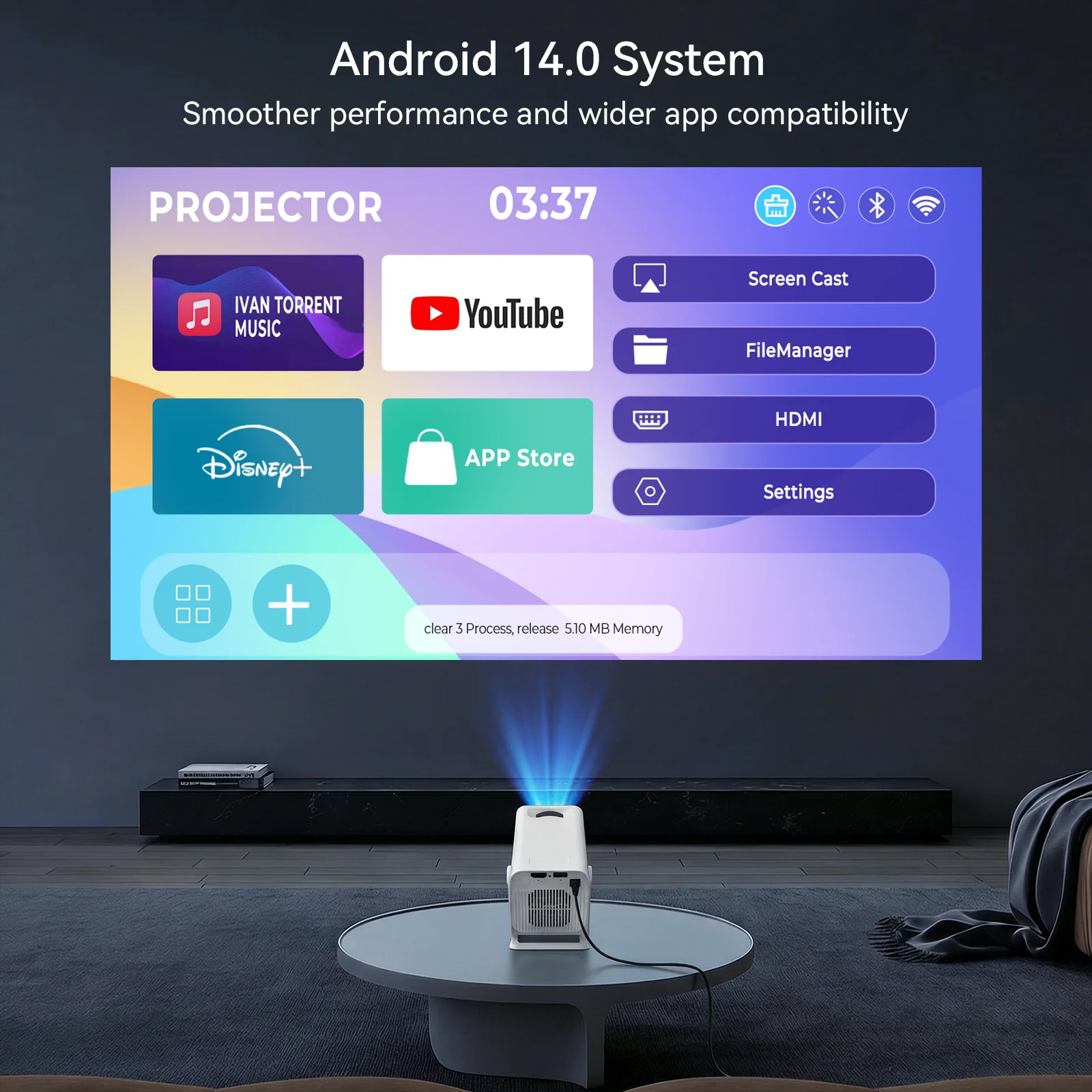 Intelligenter Mini-Projektor Android 14, Unterstützt 4K Video Native 720P, Bluetooth 5.4 mit WiFi 6, Tragbares Outdoor-Heimkino