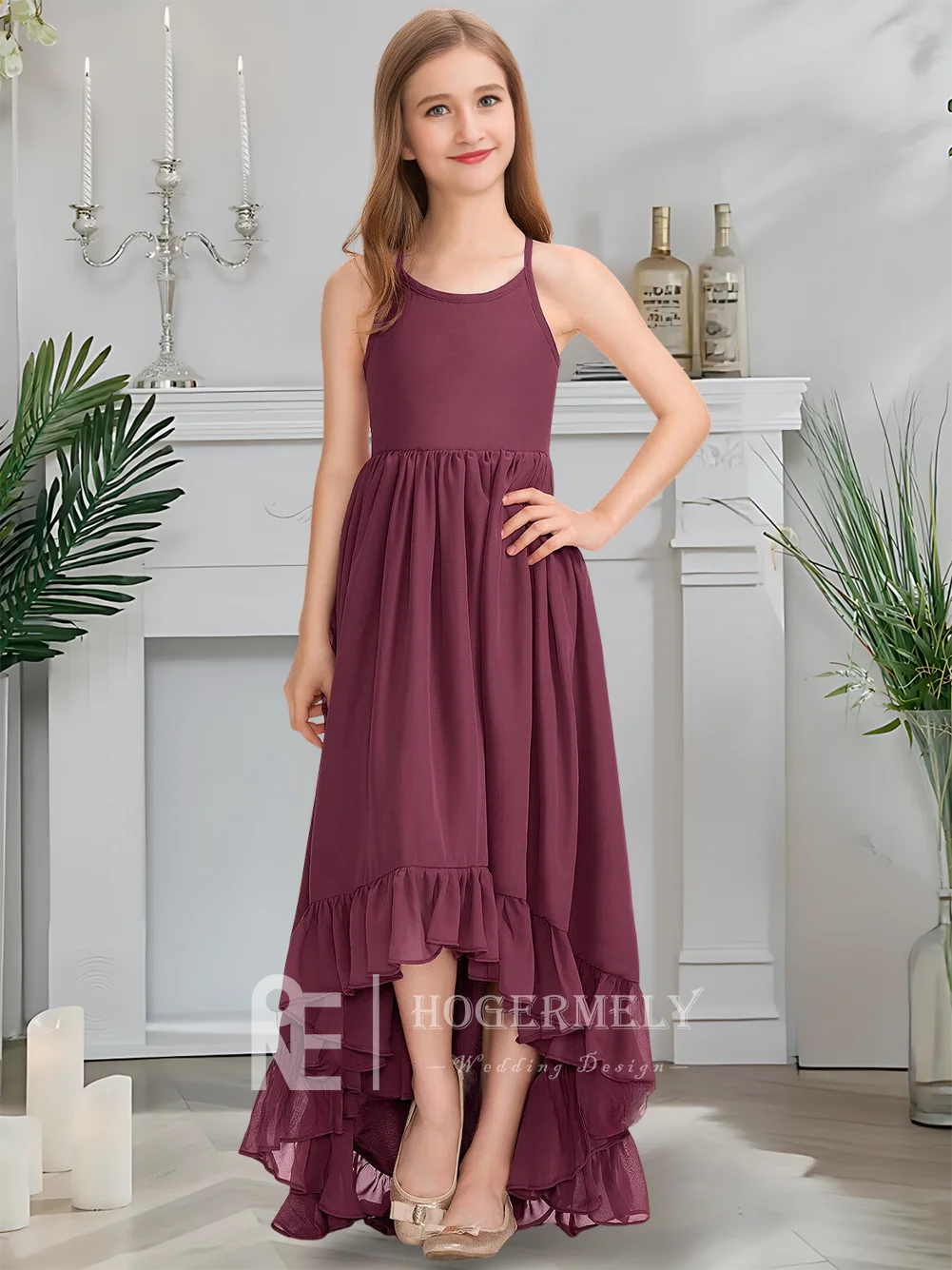 

A Luxurious Scoop Neck Junior Bridesmaid Dress Royal Plum Flower Girl Dress Asymmetrical Chiffon With Cascading Bow Ruffles