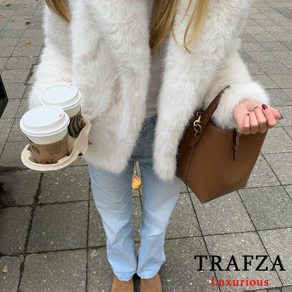 TRAFZA Vintage Faux Fur Women Jackets Solid Turn-down Collar Long Sleeve Warm Coat Chic White Fashion 2024 Winter Autumn Outwear