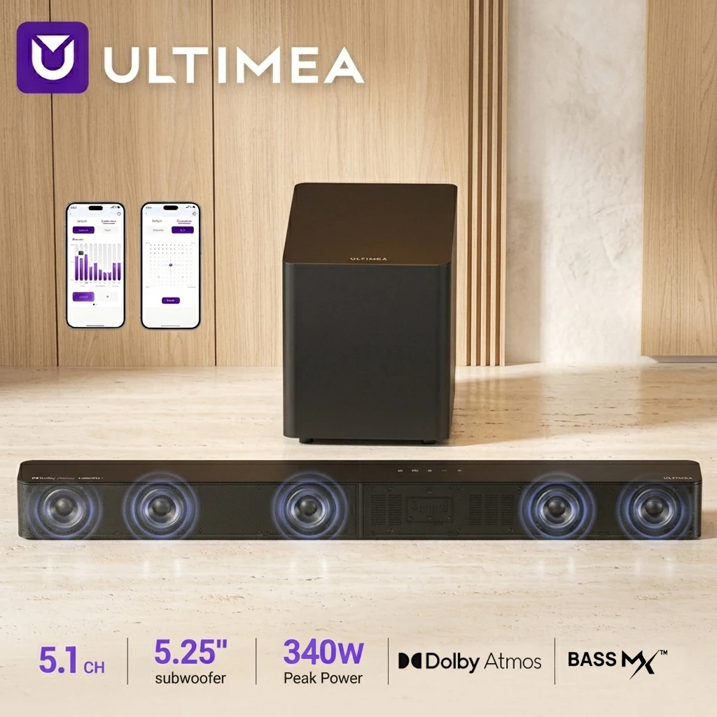 ULTIMEA 340W 5.1-Kanal Soundbar mit Dolby Atmos, Heimkino-Soundsystem für Smart-TV mit 5,25-Zoll Kabelgebundenem Subwoofer & APP-Steuerung