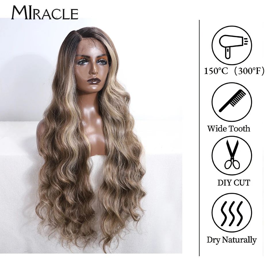 MIRACLE Synthetic 36 Inch Lace Front Wig Cosplay Soft Fiber Lace Wig For Woman Fake Hair Colorful  Heat Resistant Brown