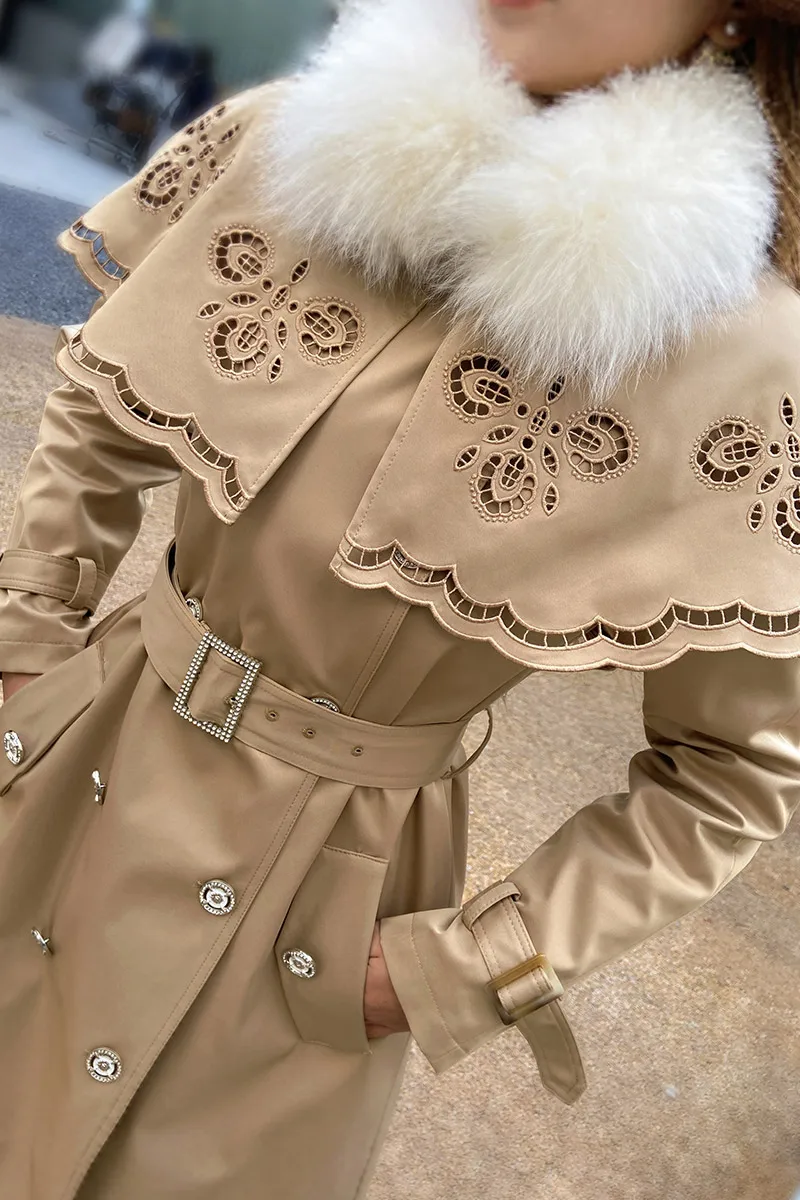 Dabuwawa Fur Collar Cape Hollowed-Out Embroidery Women Winter Down Jacket Adjustable Waist Puffer Down Coat Windproof DM1DDW002