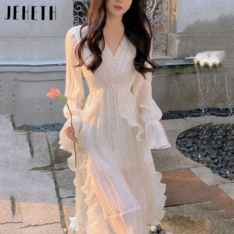 JEHETH Flare Sleeves A-Line Wedding Dresses Women Chiffon V-Neck Bridal Gowns Elegant Split Photography 웨딩드레스 Button Tea-Length