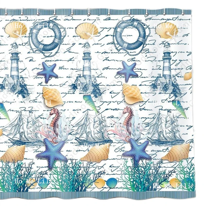 Multi Dimensional Happy School With Bell Tower Starfish Navy Blue Seashell Coral Lighthouse Shower Curtain Bathroom Decor