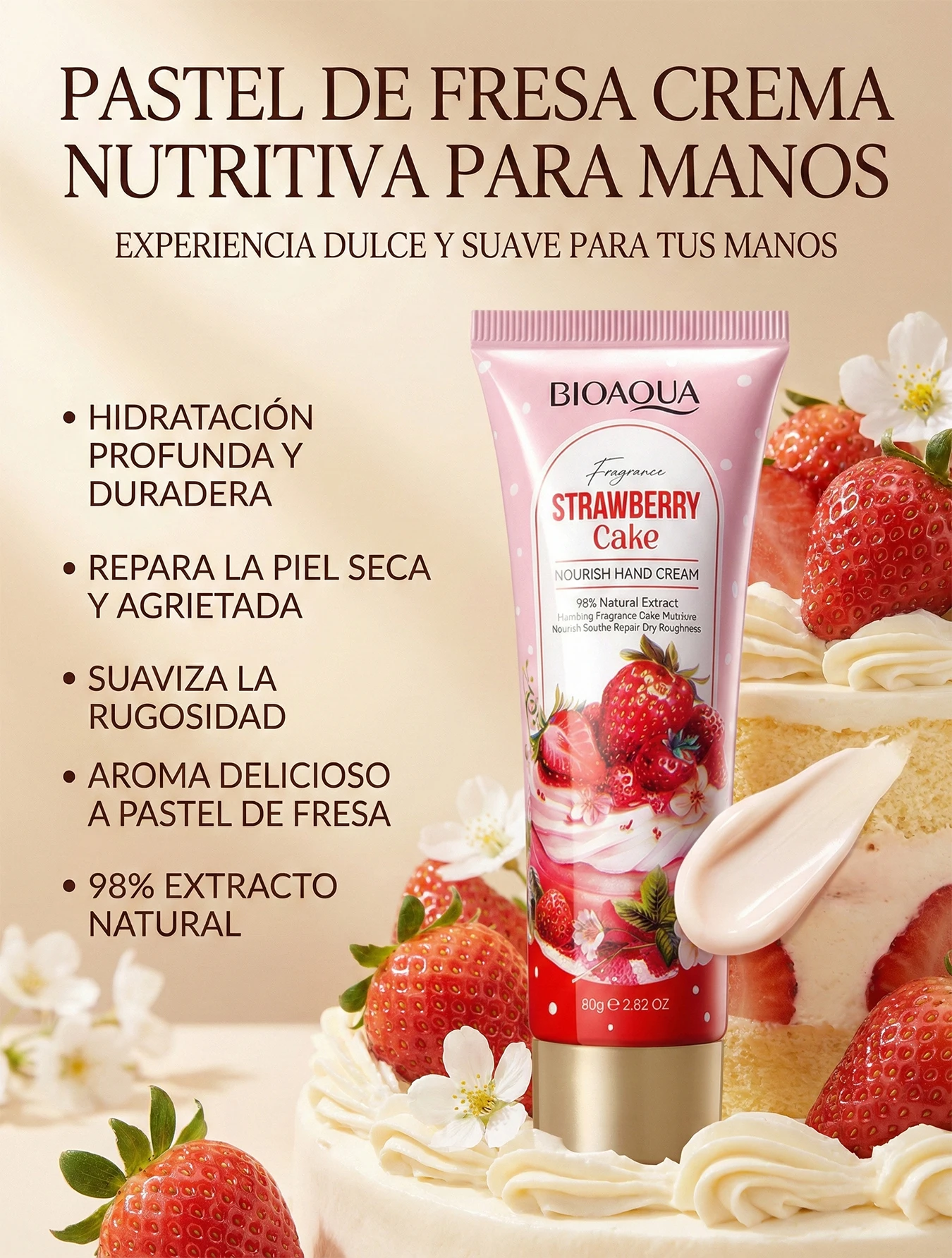 2 Piezas Crema de Manos Fresa 80g Más Económico, Aroma Dulce a Pastel de Fresa, Hidratación Ligera con 98% Extractos Naturales, Textura Rápida Absorción sin Sensación Grasa