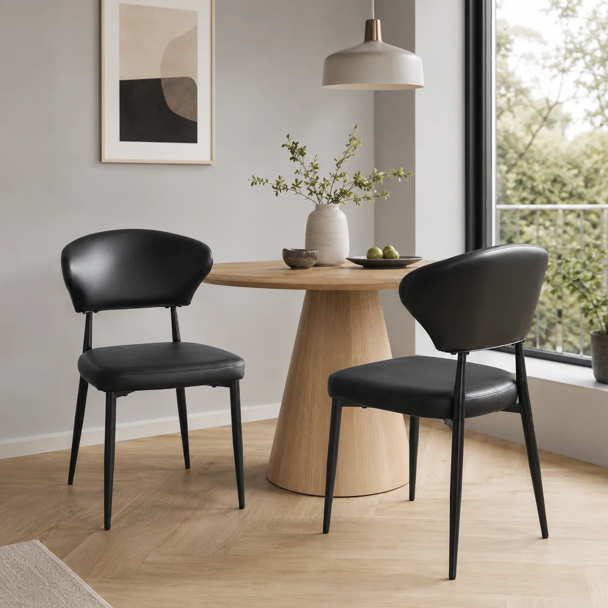 Ensemble de 2 chaises de salle à manger noires minimalistes avec dossier incurvé ergonomique, revêtement en cuir PU, structure en métal stable, hauteur 80 cm, pour salle à manger, cuisine, bureau