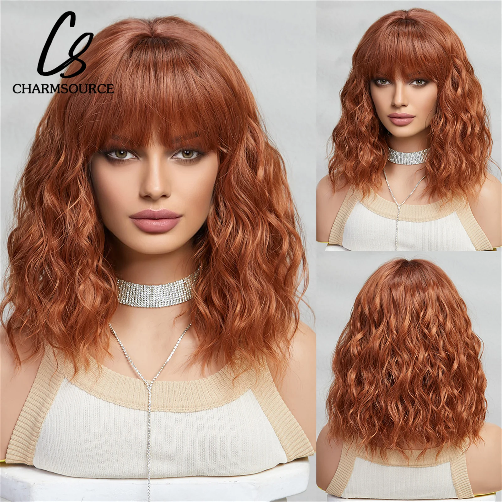 

CharmSource Short Natural Wave Curly Orange Brown BoB Hair Wig Synthetic Wigs Bangs for Women Daily Party High Density