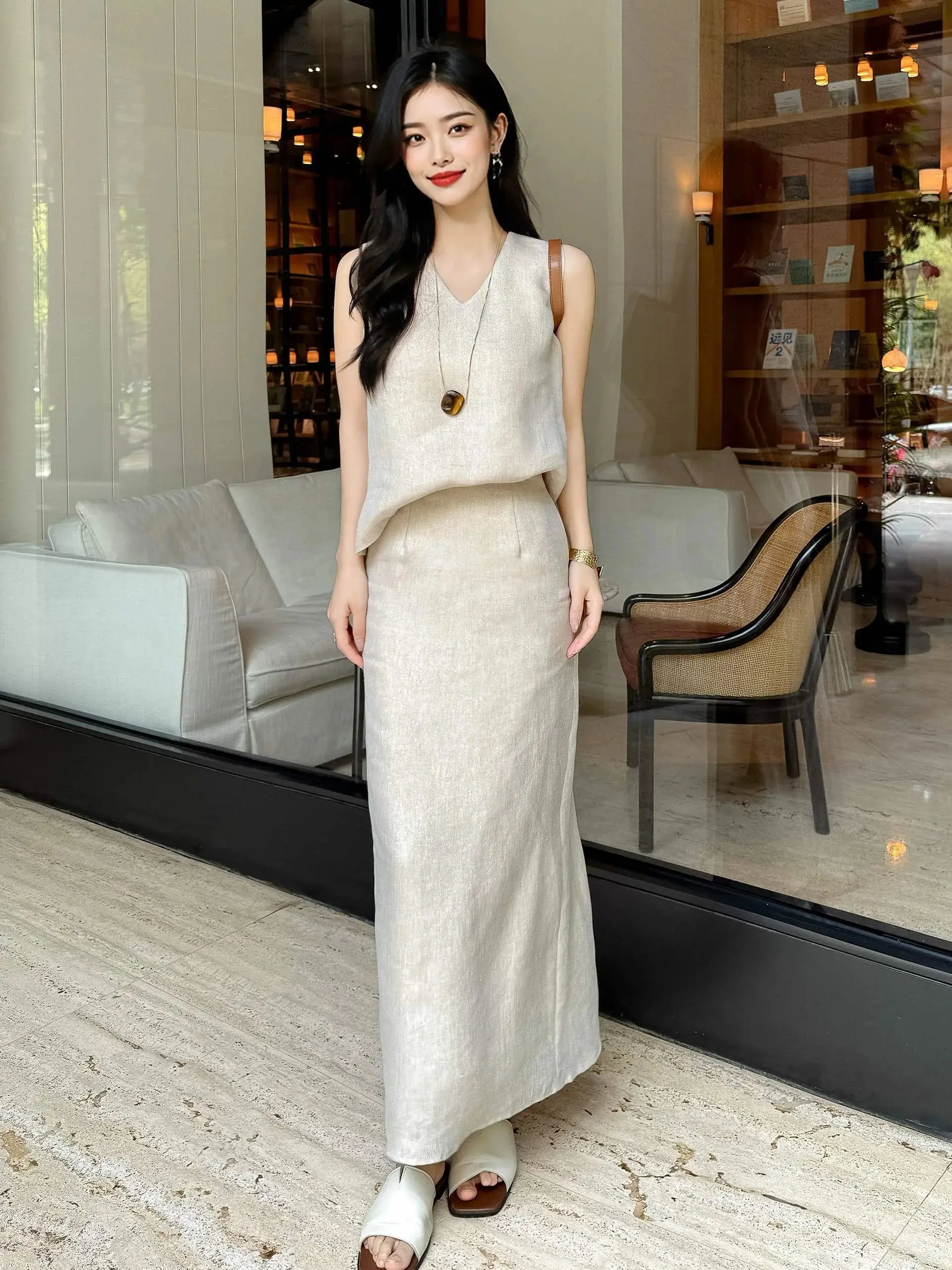 

Summer minimal natural 100% linen skirt suit