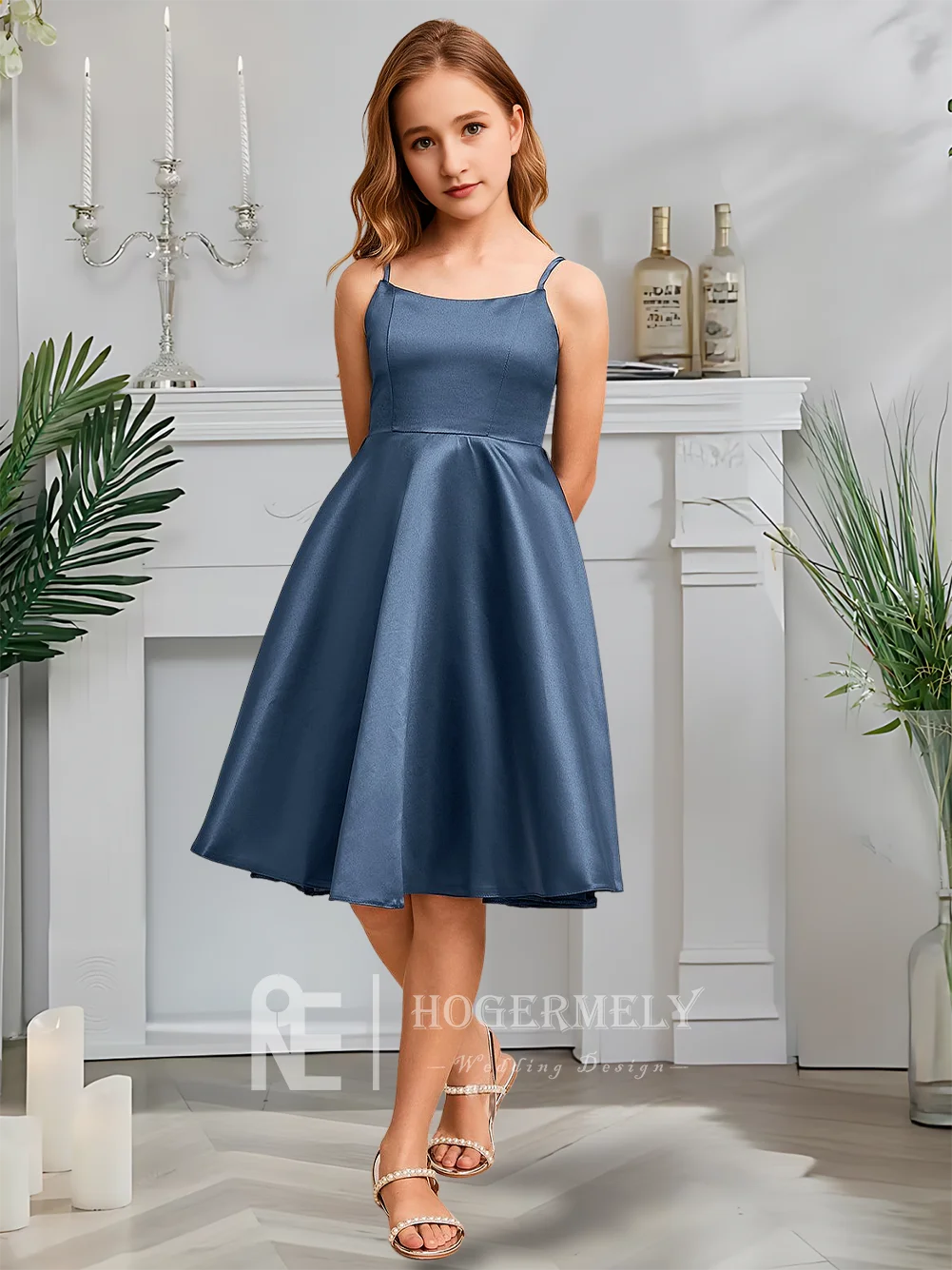 Платье трапециевидной формы для юных подружек невесты, платье с цветочным узором для девочек, атласное платье с овальным вырезом до колена, детское платье для девочек, свадебная вечеринка, официальное мероприятие