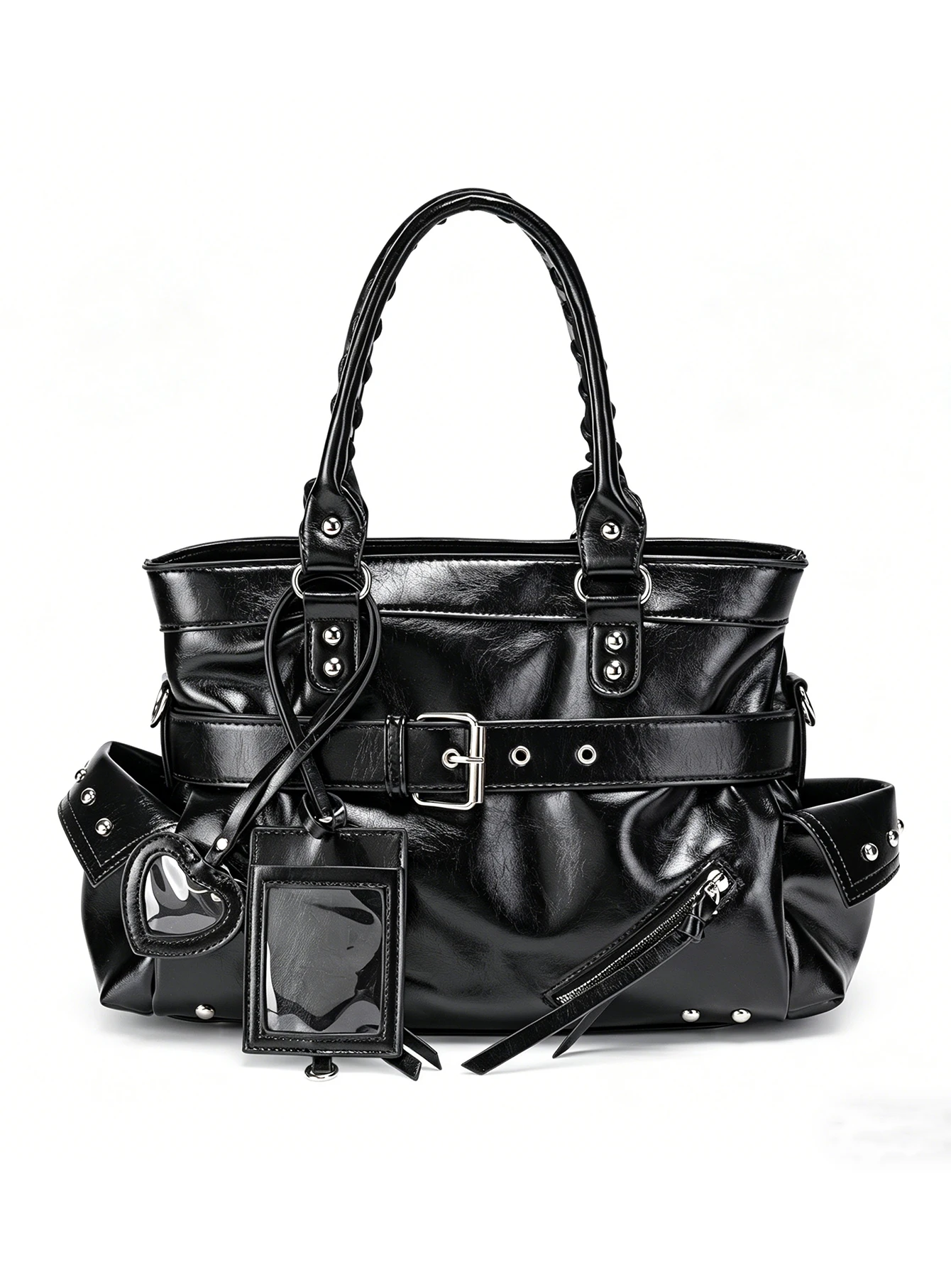 

Y2K Black PU Leather Tote Bag for Women, Glossy Sweet Cool Large Capacity Handbag, Shoulder Crossbody Bag for Daily Travel