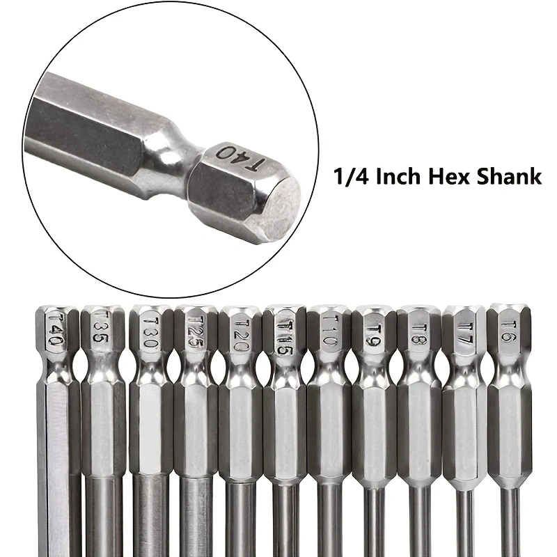 11Pcs Long Torx Security Head Screwdriver Drill Set, 1/4 Inch Hex Shank S2 Steel Torx Screwdriver Bit Set, T6 T7 T8 T9 T10 T15 T