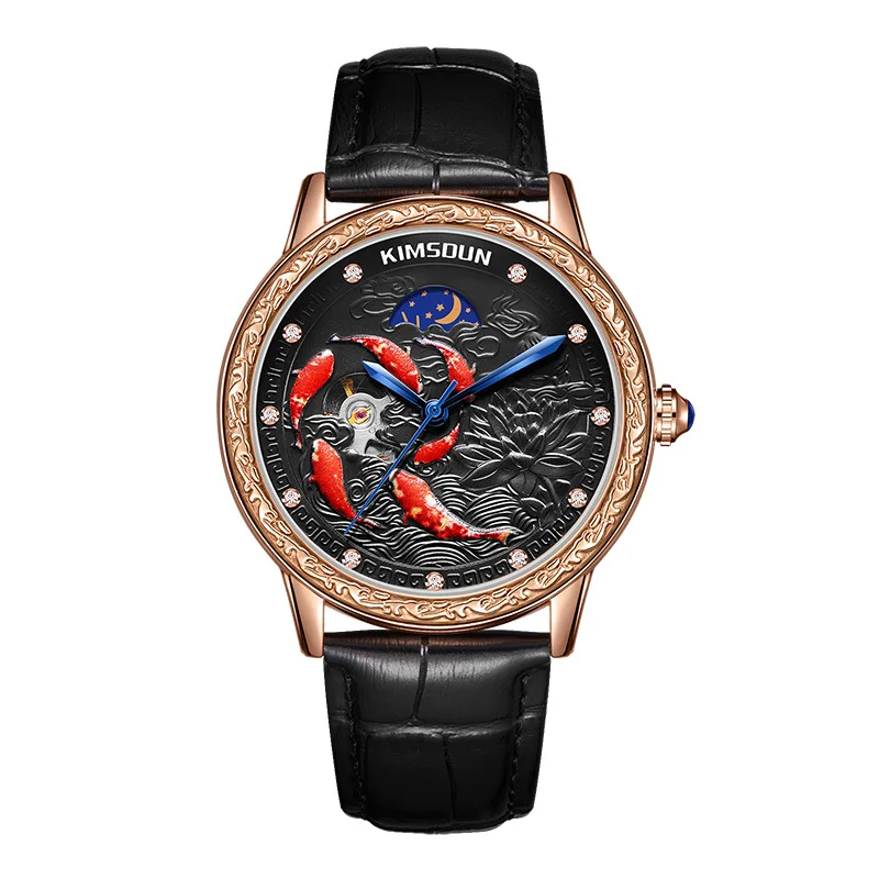 New KIMSDUN carved Automatic Mechanical Watch moon phase luxury fashion Mens watch leather strap simple business Man Watches