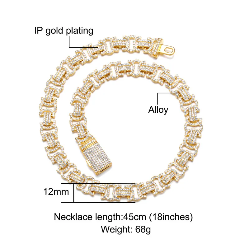 Hip Hop 12MM Rock Byzantine Cuban Link Chain Iced Out Bling AAA+ CZ Box Buckle Necklaces For Men Women Jewelry