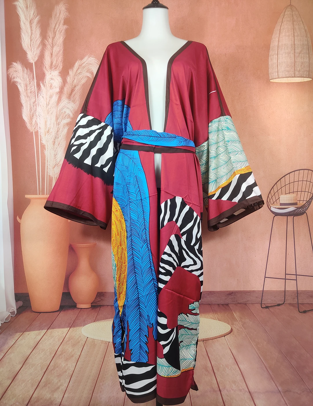 Middle East New Fashion 2022 Popular Blogger Summer Boho Silk Printed Long Sleeve Kimonos African Women Swimwear Kimonos