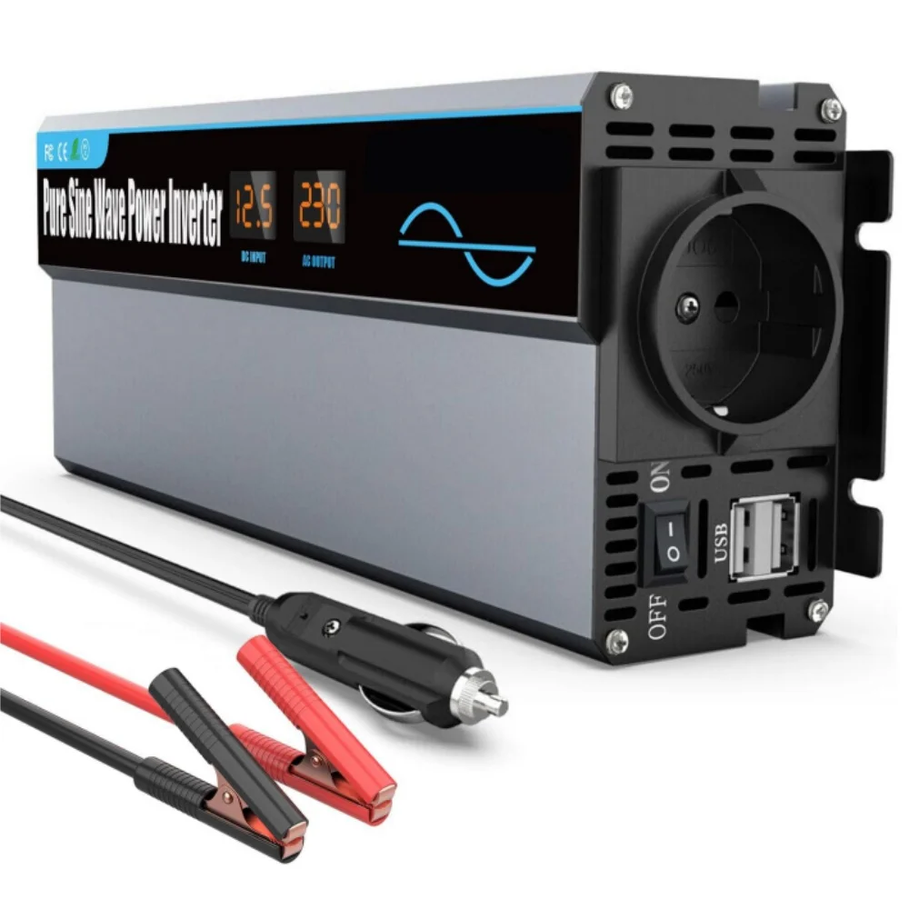 1000W/2000W Spannungswandler: 12V auf 230V Reiner Sinus-Wechselrichter, Auto-Stromwandler mit 1 Euro-Steckdose und 2 USB-Anschlüssen, Geeignet für Autos und Wohnmobile