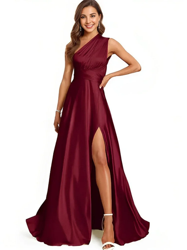 Satin A-line Halter Sleeveless Party Dresses Simple Backless Floor-Length Bridesmaid Dress For Wedding Party High Slit Gowns