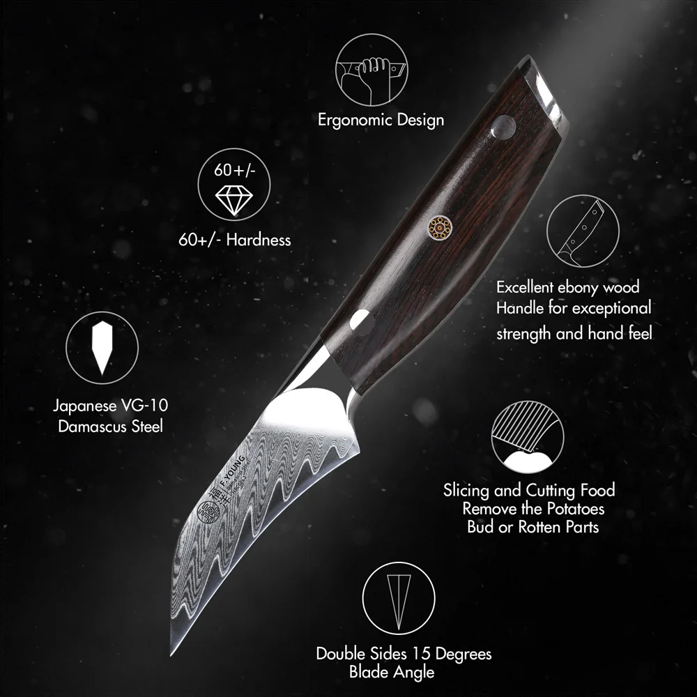 F.YOUNG 3.5 Inch Paring Knife Damascus Steel Chef Knife Sharp Utility Vegetable Peeling Fruit Peeler Utilities Kitchen Tools