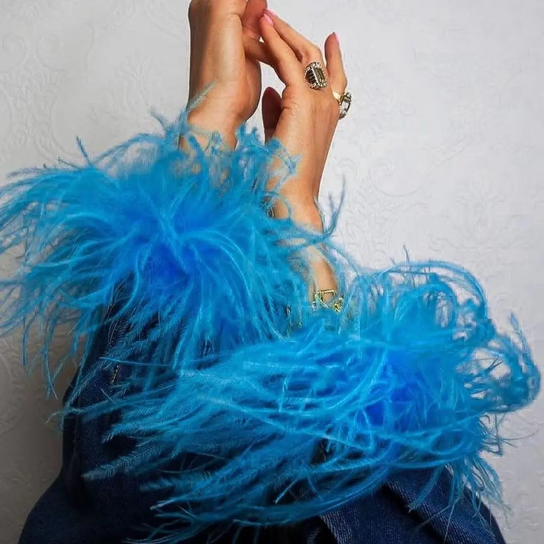 Lake Blue Ostrich Feathers Cuff snap on 1pair=2pcs Cuff Bracelets for Women Bracelet Wedding Feathers Feather Cuff Snap