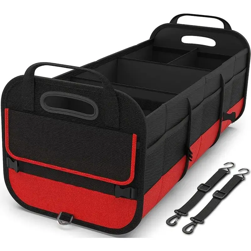 Universal Large Trunk Organizer For Car, Collapsible Multi Compartment Trunk Storage Bag With 2 Retractable Straps 